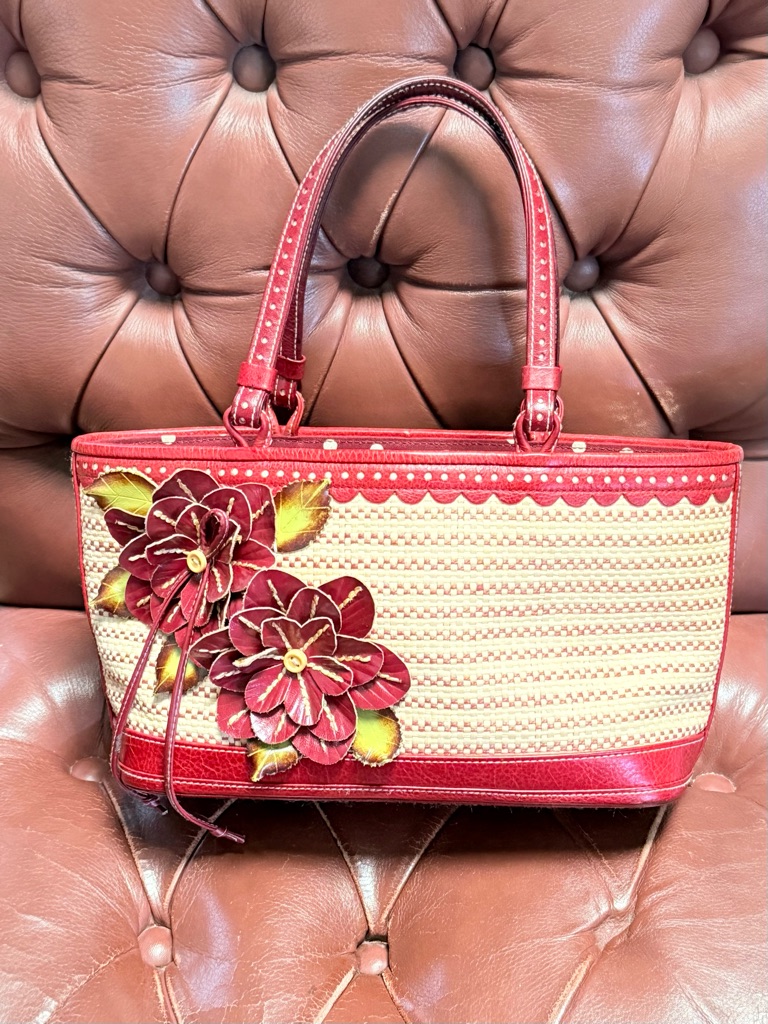 Isabella Fiore Red Floral Straw-Accented Tote